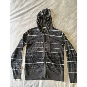 Retrofit Mens Full Zip Hoodie Sweater Fair Isle Geometric Stripe Charcoal Grey M